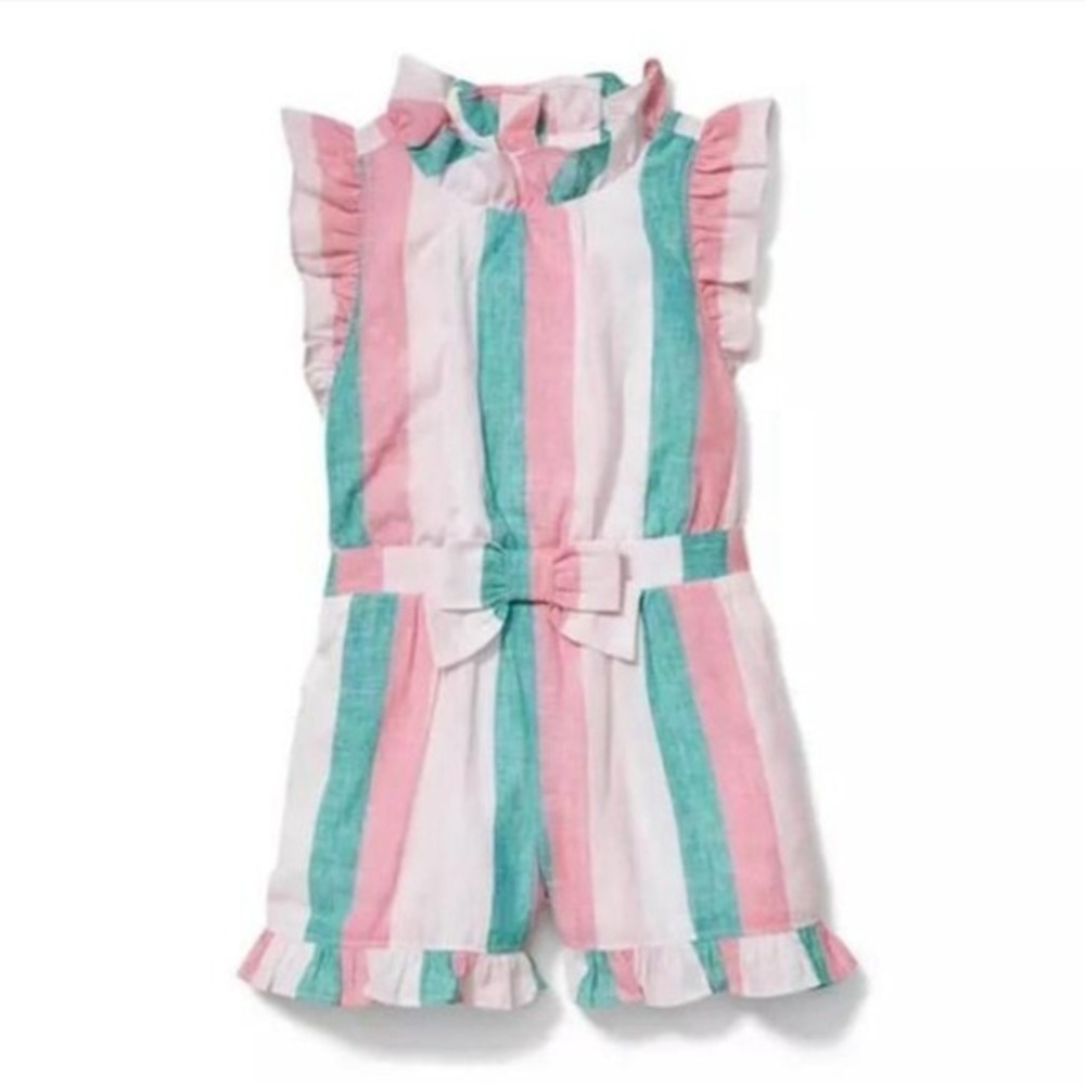 Janie and Jack Pink Green White Striped Ruffle Sleeveless Shorts Romper- Girl 12